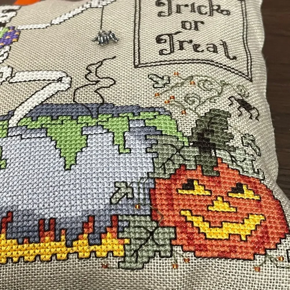 Halloween Cross Stitch Pillow Door Hanger Skeleton Trick or Treat Hanging Spider